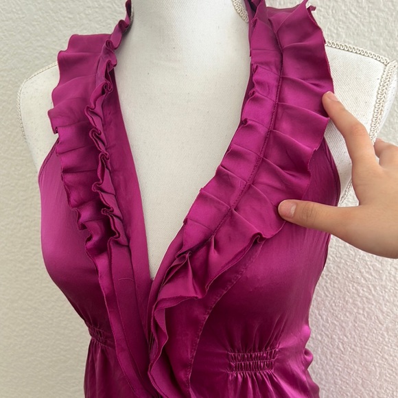 BCBGMaxAzria 90s Silk Pink Ruffle Classy Y2K Halter Top Blouse Size XXS - Picture 4 of 7